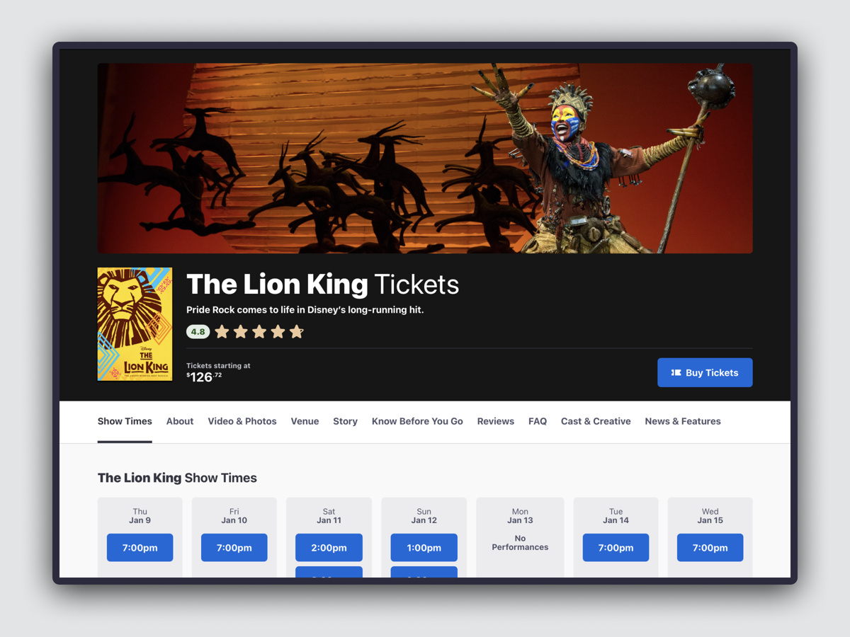 Screenshot of The Lion King show detail screen on Broadway.com